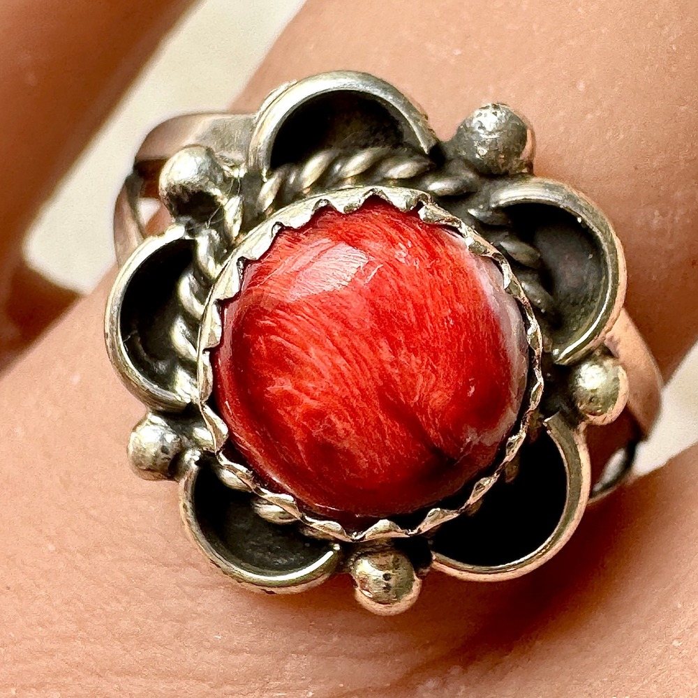 Navajo Flower Ring Red Spiny Oyster Sz 8 Sterling Silver Scalloped Native Amer‎